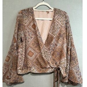 Willow + Root Wrap Top Womens Medium Tan Boho Floral Bell Sleeve Cottage Core